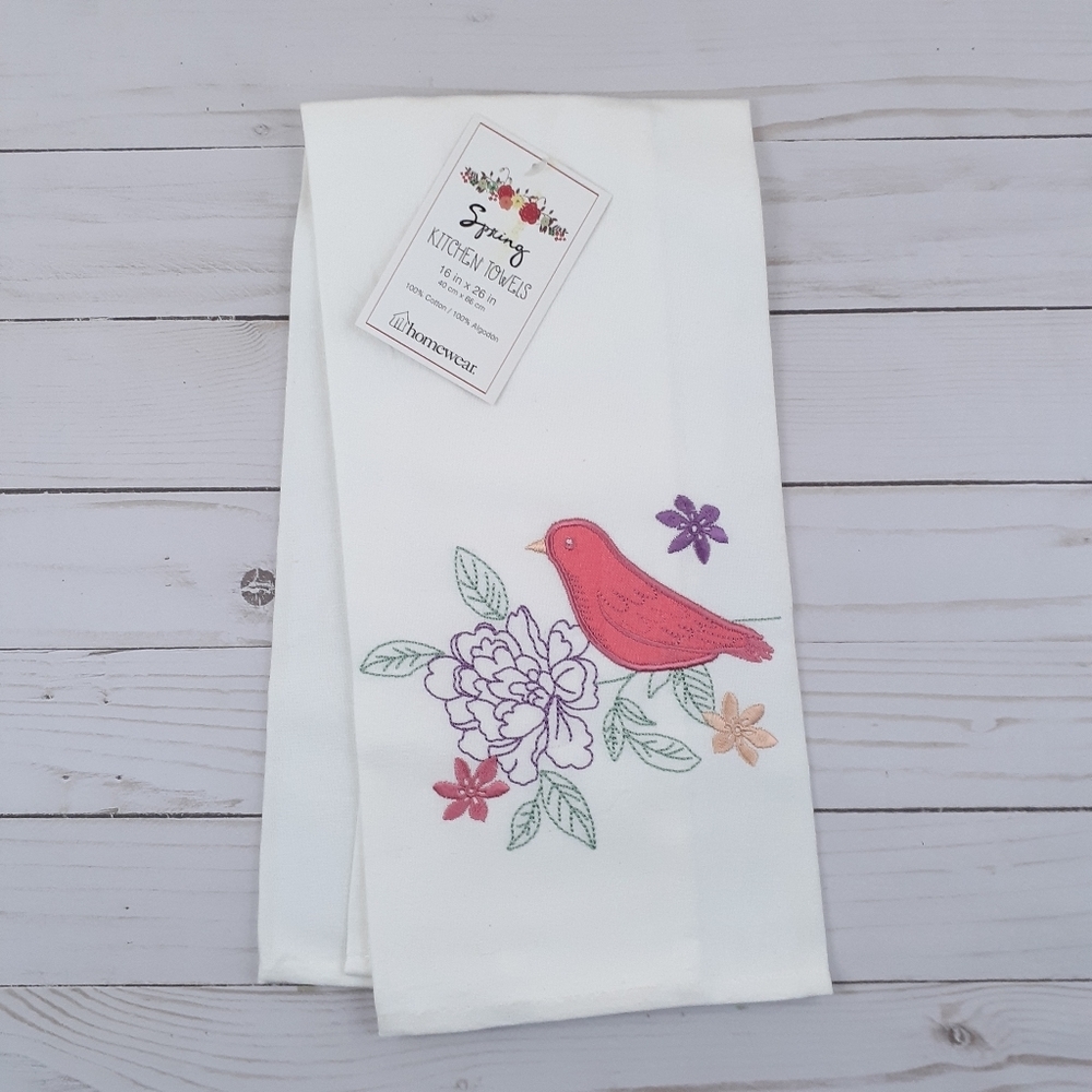 Kitchen Towel Spring Flowers Pink Bird Applique